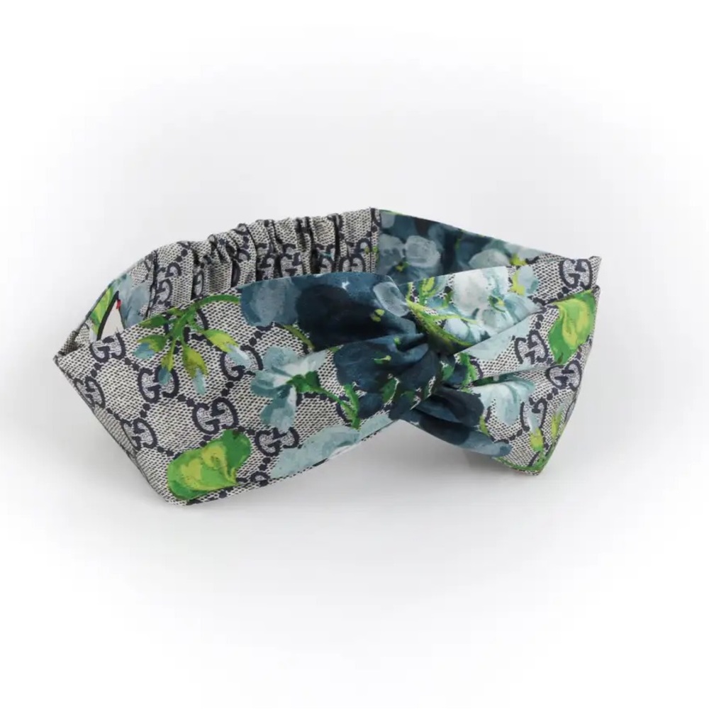 GUCCI “Blooms” Blue Gray GG Monogram Floral Knotted Silk Headband NWT - Picture 2 of 7